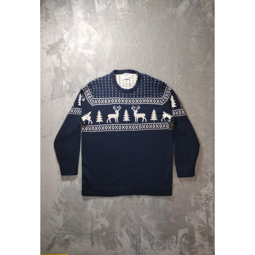 Old Navy Sweater Men's XLT Navy Fair Isle Reindeer Christmas Holiday Cabincore